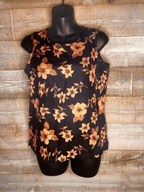 Talbots 100% silk Black floral Tank Top with gold Floral Print